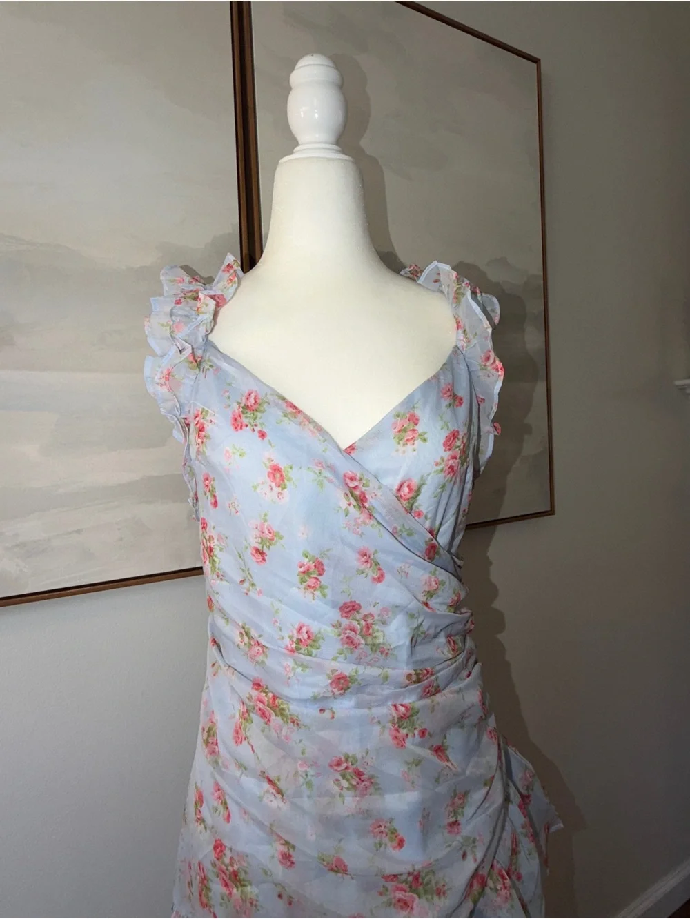 Abercrombie & Fitch Floral High-Low Ruffle Maxi Dress Blue Pink